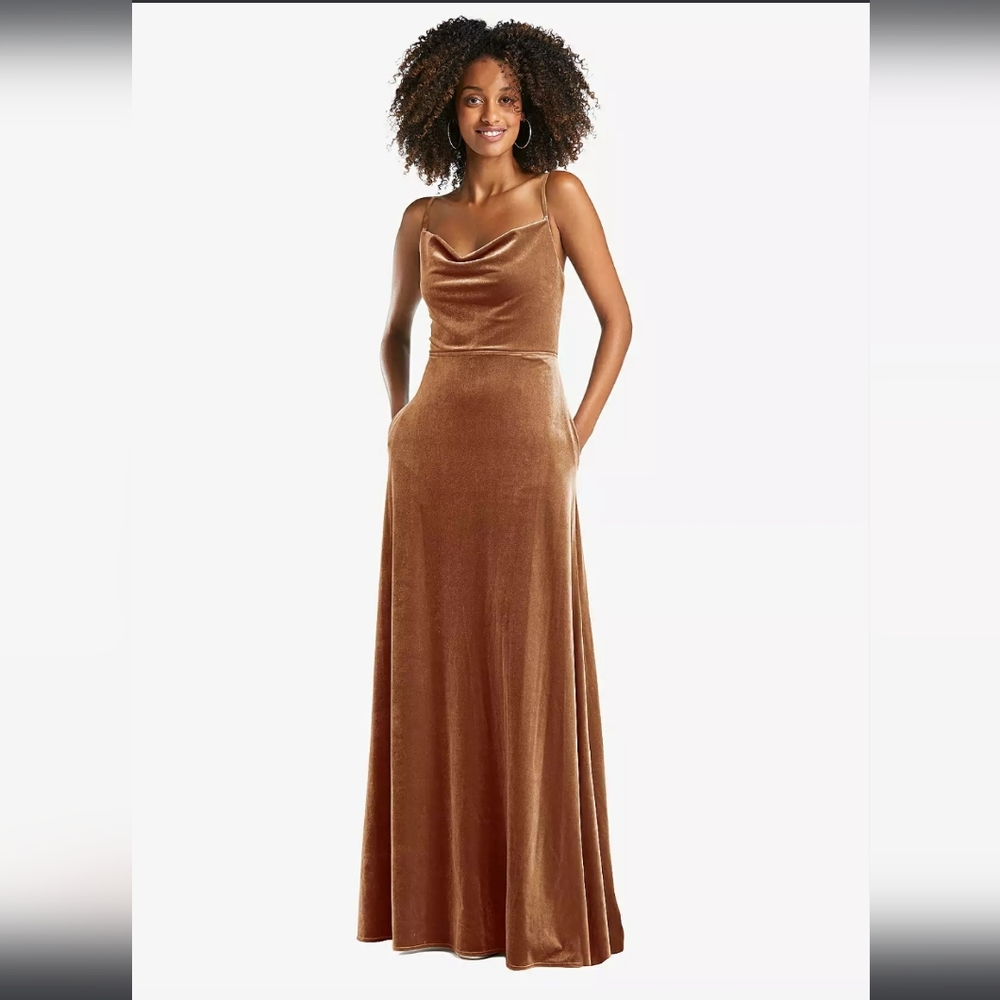 After Six Cowl-Neck Velvet Maxi Dress With Pockets In Golden Almond